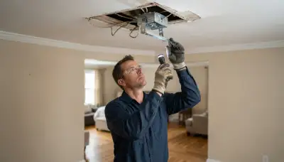 Electrician uses flashlight to inspect ceiling box support for fan installation in Allentown, PA
