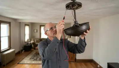 Allentown, PA electrician tests ceiling fan pull-chain switch terminals with a multimeter for fault diagnosis