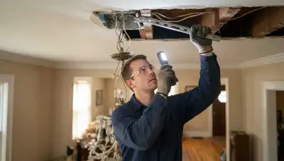 Electrician inspects ceiling box and support brace for chandelier installation in Allentown, PA