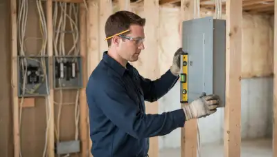 Licensed electrician leveling a new electrical panel enclosure during rough-in in an Allentown, PA home