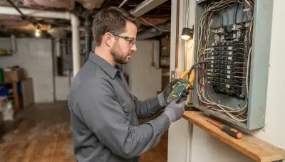 Licensed electrician uses a clamp meter for panel load assessment in an Allentown, PA home