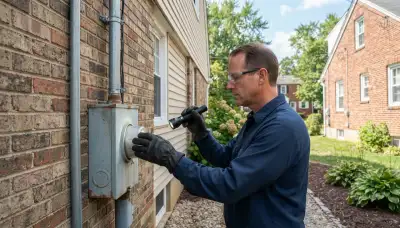 Electrician inspects a residential service entrance meter base, weatherhead, and mast in Allentown, PA