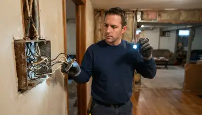 Allentown, PA electrician inspecting aged wiring insulation inside a home with a flashlight
