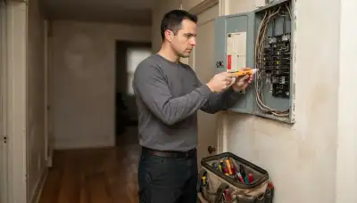 Electrician in Allentown, PA diagnoses an open electrical panel with a voltage tester inside a home