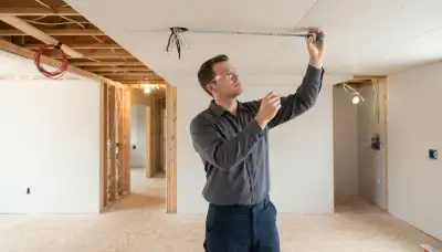 Electrician measuring ceiling placement for whole-home fire alarm installation in Allentown, PA