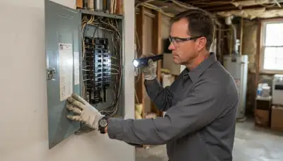 Professional electrician inspecting a home electrical panel with a flashlight in Allentown, PA