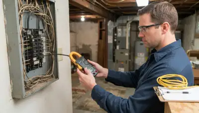 Electrician in Allentown, PA uses a clamp meter to measure circuit current during a home energy audit
