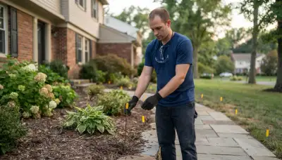 Electrician planning landscape lighting fixture locations along a pathway in Allentown, PA