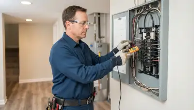 Licensed electrician in Allentown, PA tests breaker terminals during a whole-home electrical panel inspection