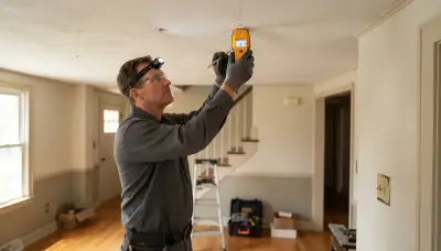 Electrician uses a stud finder to mark ceiling fixture locations for lighting installation in an Allentown, PA home