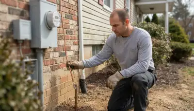 Electrician traces grounding electrode conductor to ground rod during lightning assessment in Allentown, PA