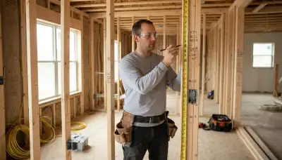 Electrician marking outlet heights and circuit runs during new construction rough-in wiring in Allentown, PA