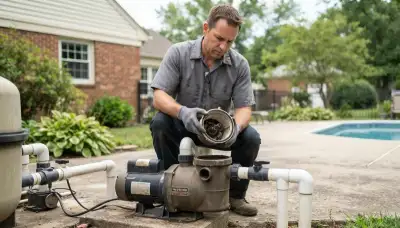 Electrician inspecting a residential pool pump and strainer basket in Allentown, PA