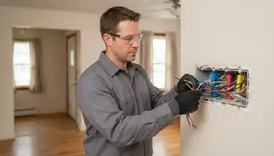 Electrician assesses conductors in an open gang box for programmable lighting control in Allentown, PA