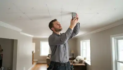 Allentown, PA electrician marks recessed lighting positions on a ceiling using a stud finder and chalk line