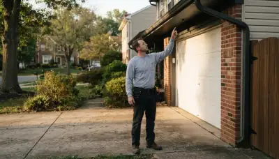 Electrician assessing garage eave shadows for security light installation at an Allentown, PA home