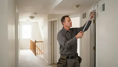 Electrician measuring smoke detector placement along a bedroom hallway ceiling in an Allentown, PA home