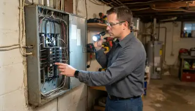 Electrician assessing an open electrical panel for whole-home surge protection in Allentown, PA