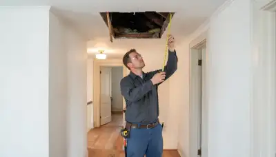 Electrician measuring ceiling joists for whole-house fan installation in an Allentown, PA home