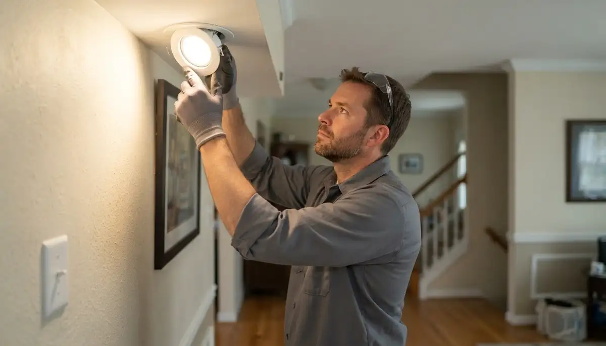 Electrician aims a new light fixture and tests dimmer controls in an Allentown, PA home