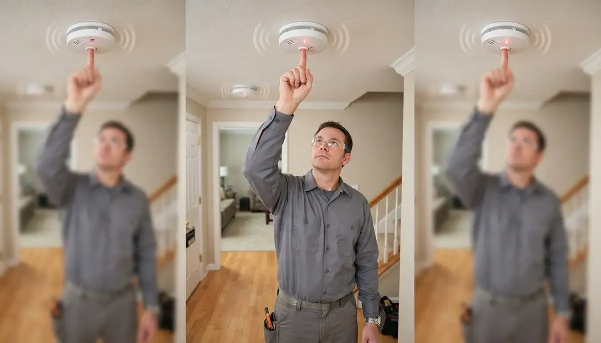 Electrician tests a ceiling-mounted interconnected smoke detector in an Allentown, PA home