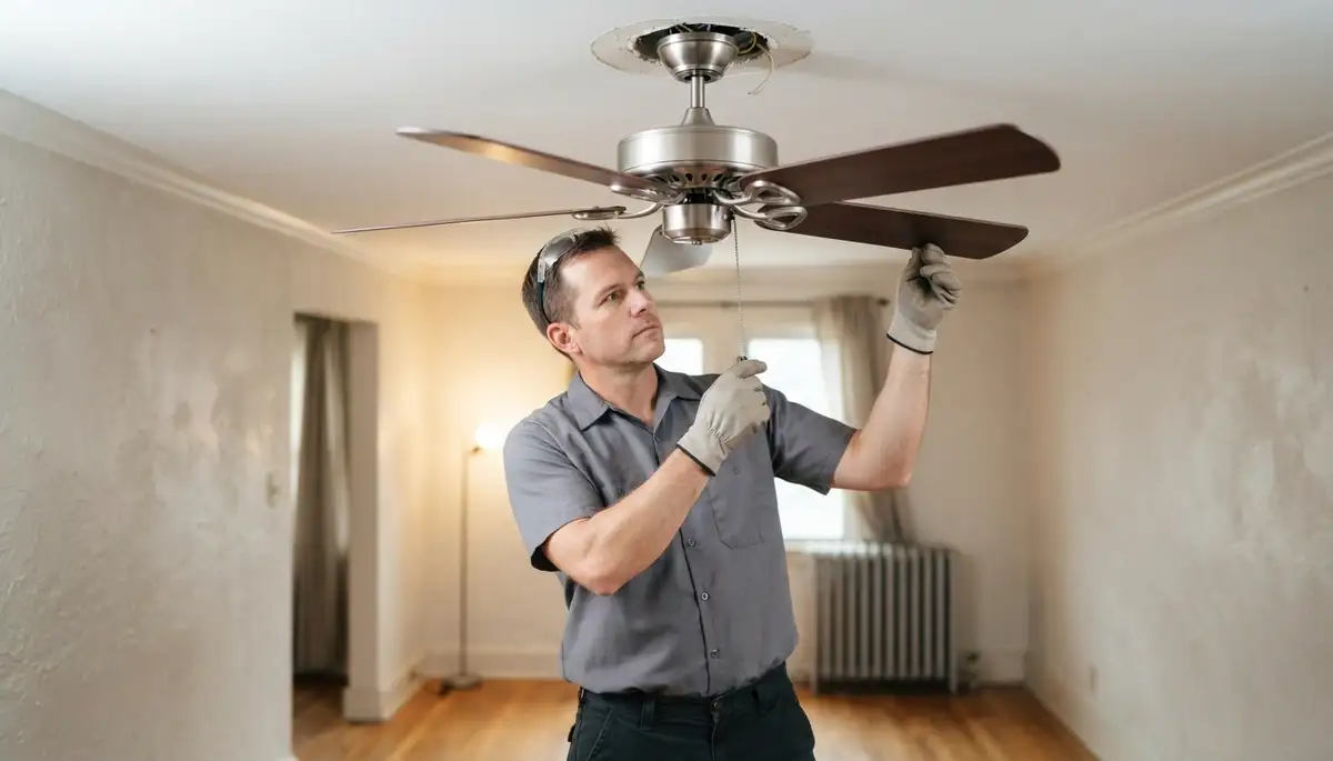 Electrician verifying level ceiling fan blades and flush canopy during installation in Allentown, PA