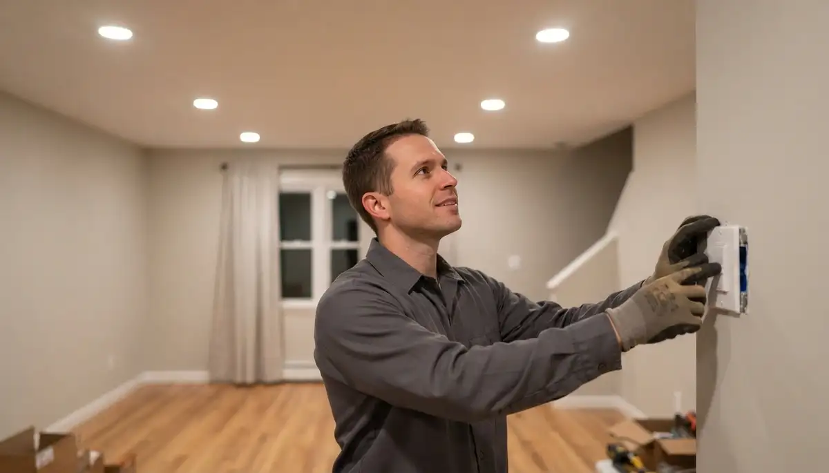 Electrician testing recessed lighting beam overlap and dimmer performance in an Allentown, PA home