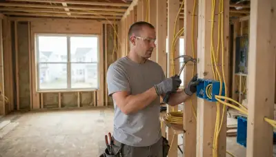 Electrician installing electrical boxes and cable during new construction wiring in Allentown, PA