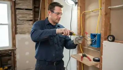 Electrician terminating residential wiring at a device box in Allentown, PA