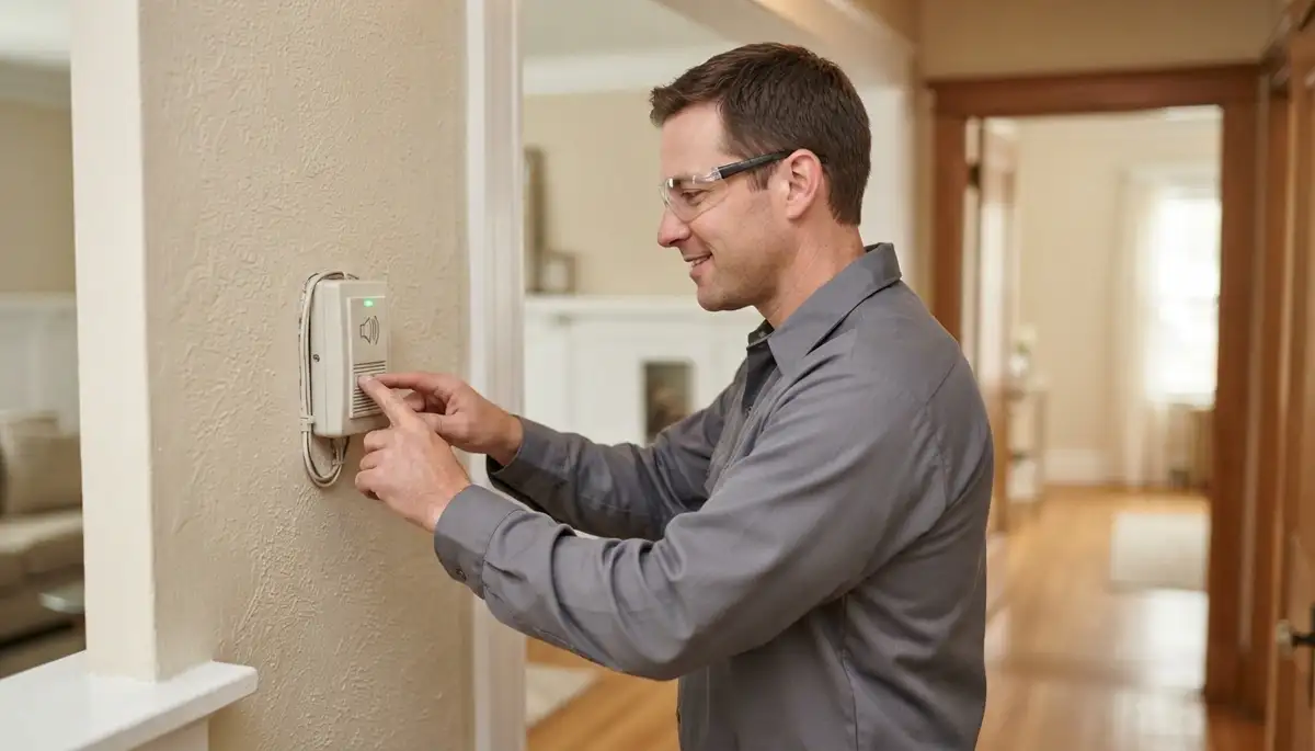 Electrician tests two-way intercom audio between stations in an Allentown, PA home