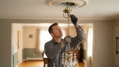 Electrician secures and wires a chandelier with a rated brace in an Allentown, PA home
