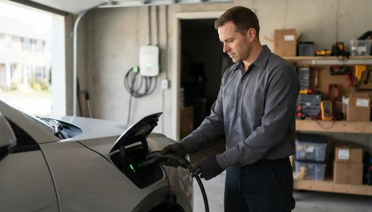 Allentown, PA electrician verifies an EV charger by connecting the cable to a vehicle during live charging.