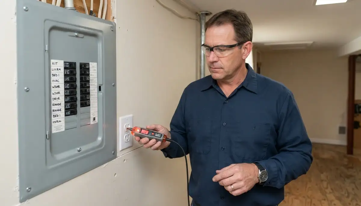 Allentown, PA electrician testing labeled circuits after an electrical panel upgrade with a voltage tester