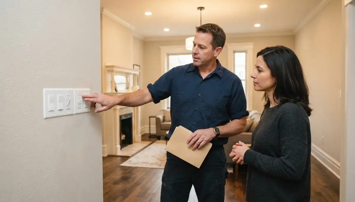 Allentown, PA electrician demonstrates completed home lighting installation and dimmer controls to homeowner