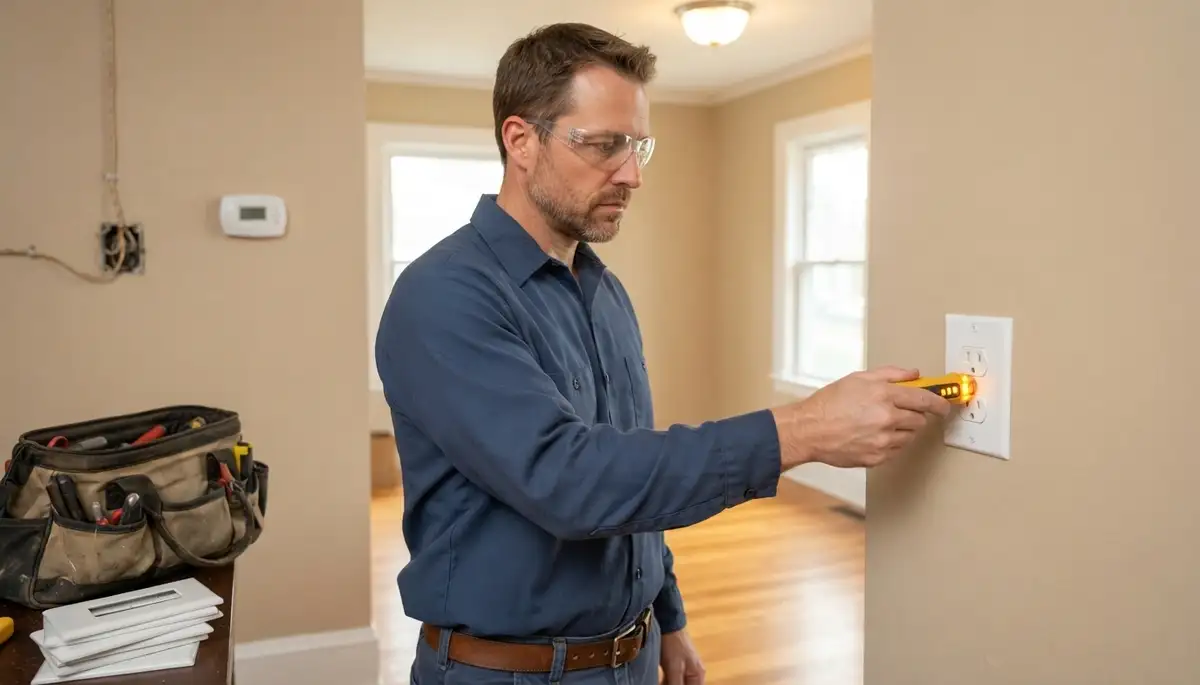 Allentown, PA electrician tests a completed electrical receptacle with a circuit tester before leaving the home.