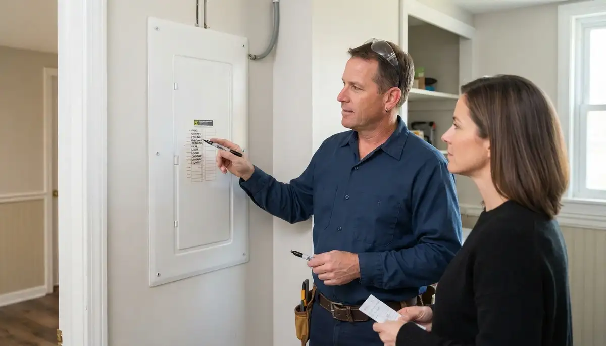 Licensed electrician reviews completed work and circuit directory with an Allentown, PA homeowner