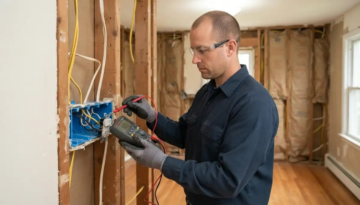 Electrician testing continuity and polarity of new wiring before drywall in Allentown, PA