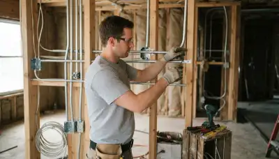 Electrician fastening conduit and aligning device boxes in an unfinished wall in Allentown, PA