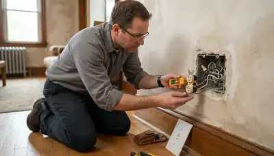 Electrician testing a wall outlet with a circuit tester during a home electrical inspection in Allentown, PA