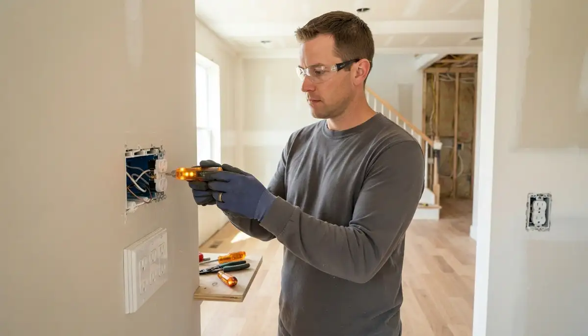 Electrician tests new home receptacles and switches with a circuit tester in Allentown, PA