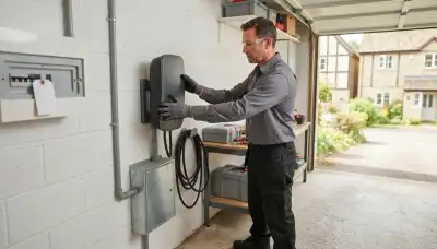 Electrician installing a Level 2 EV charger with 240-volt wiring in a Bath, PA garage