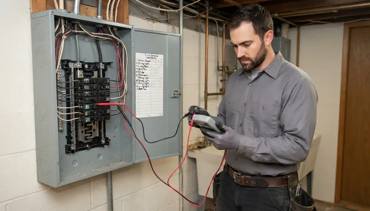 Allentown, PA electrician tests electrical panel voltage and polarity with a multimeter after installation