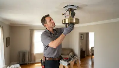 Electrician installing a fan-rated ceiling box and fan motor in an Allentown, PA home