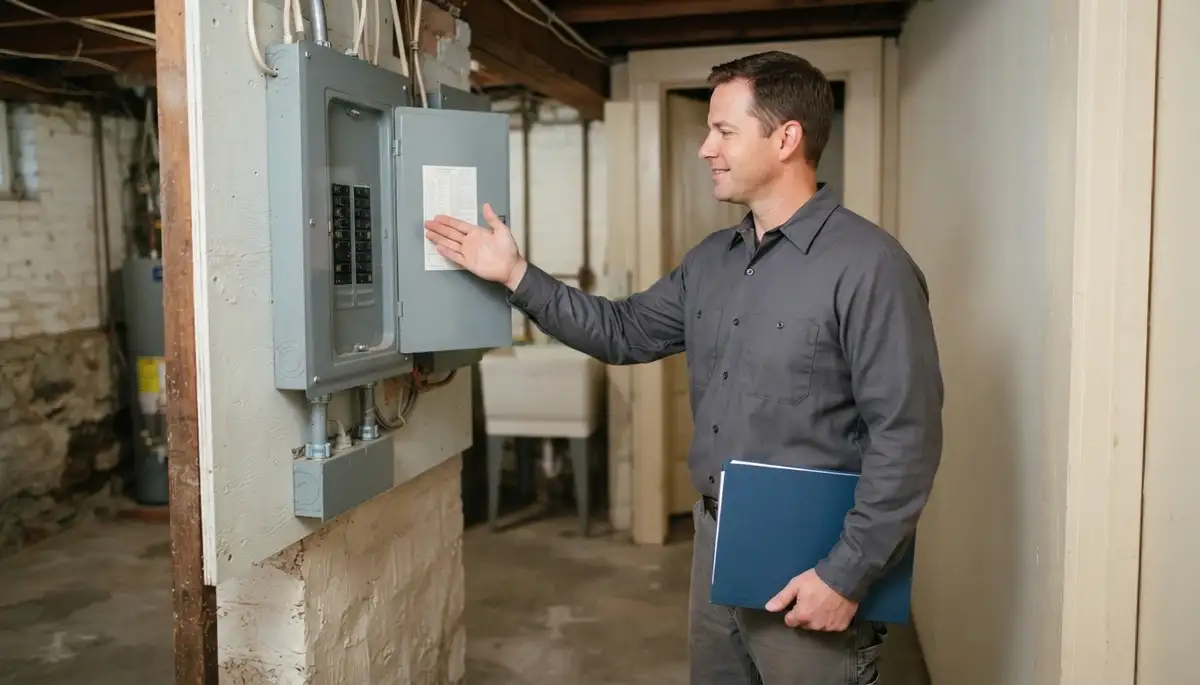 Technician reviews home energy audit recommendations beside an electrical panel in Allentown, PA