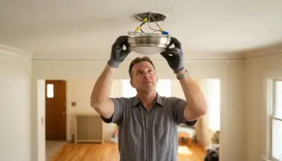 Electrician installing a ceiling light fixture and connecting wiring in Allentown, PA