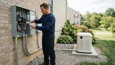 Electrician installing and wiring a generator transfer switch for an Allentown, PA home