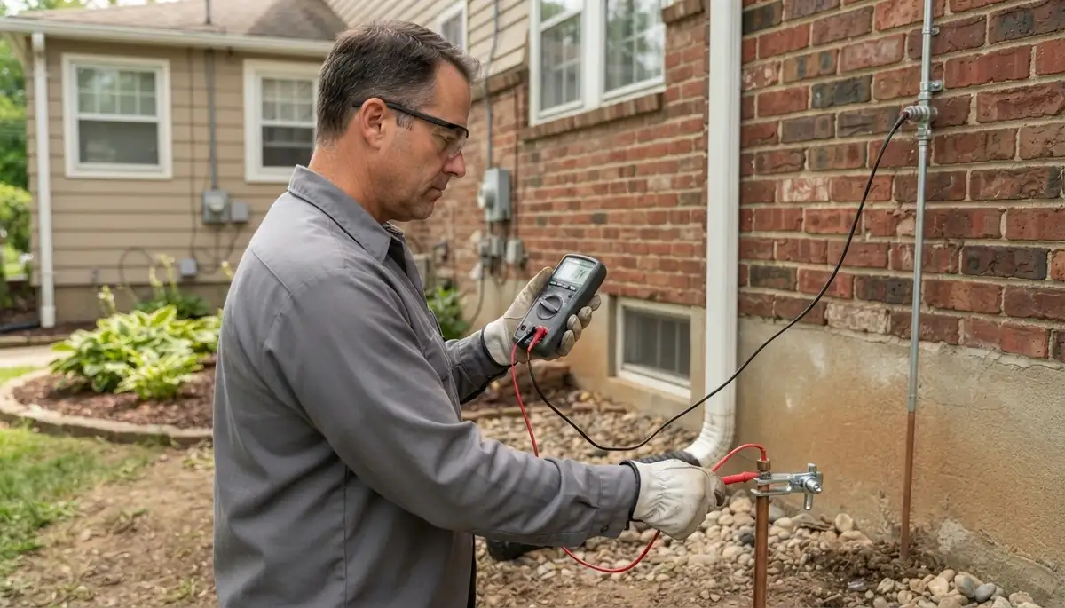 Electrician in Allentown, PA using a meter to verify continuous grounding for lightning surge protection