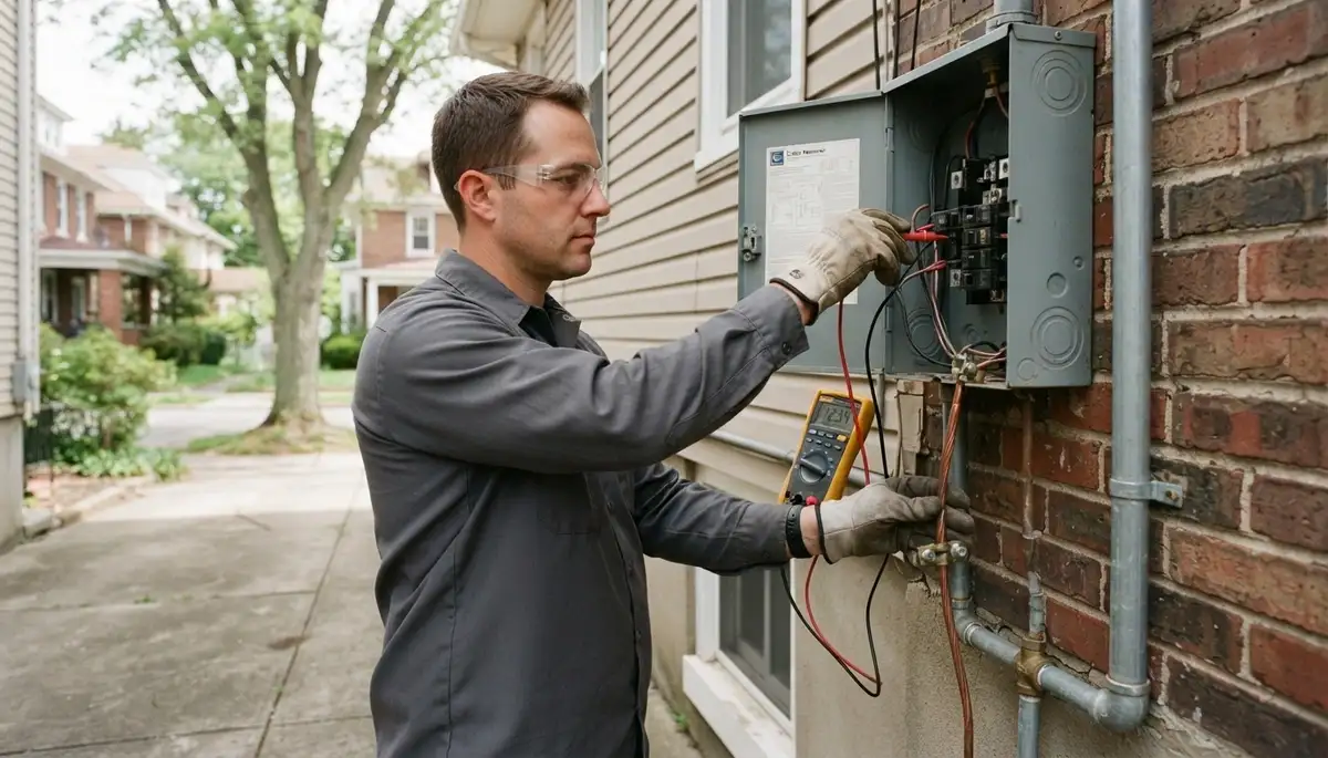 Allentown, PA electrician testing grounding continuity and service voltage with a multimeter at service terminals