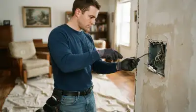 Residential electrician terminating circuits in an Allentown, PA home with drop cloths protecting floors and furniture