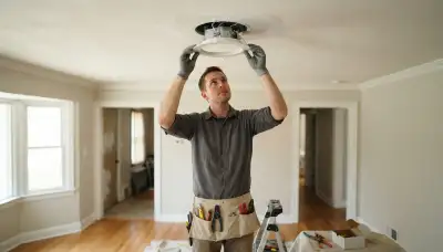 Electrician installing recessed lighting trim and housings flush with ceiling drywall in Allentown, PA